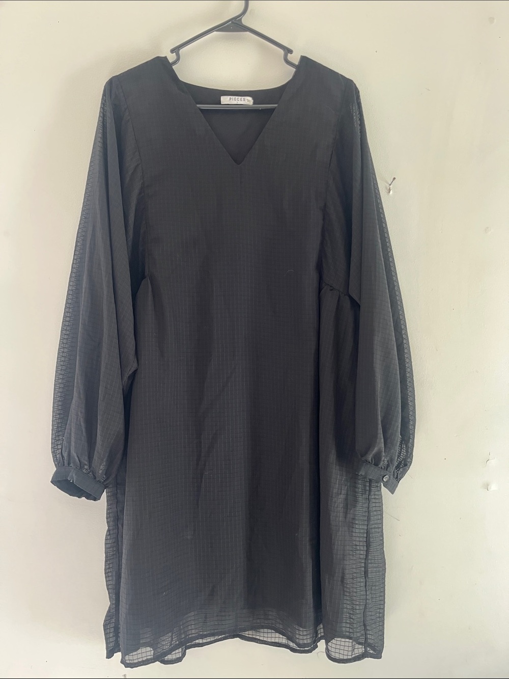 Pieces long sleeve v neck black dress sheer sleeves minimalist workwear simple